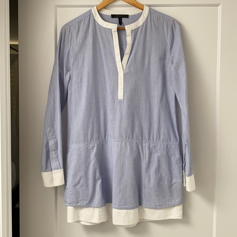 Blue and white pinstripe shirt dress.